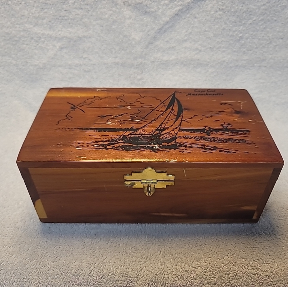 Vintage Cedar Jewelry Trinket Box With Sailboat Scene Cape Cod Massachusetts